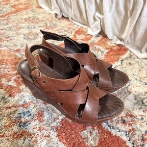 Born Brown Leather Wedge Sandals with Adjustable Ankle Strap